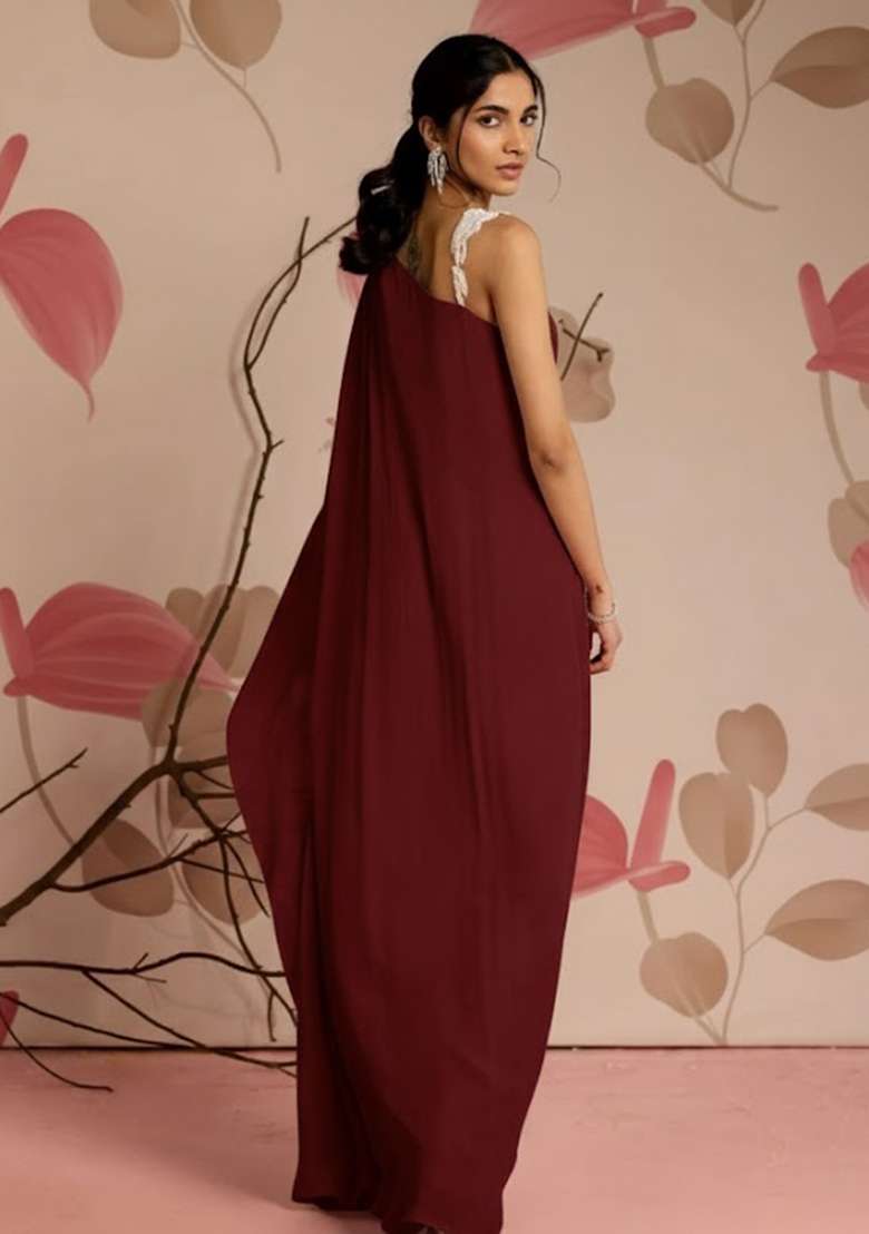 Deep Maroon Chinon Fusion Set with Hand Work for Diwali | Wedding & Festive Wear - Indya