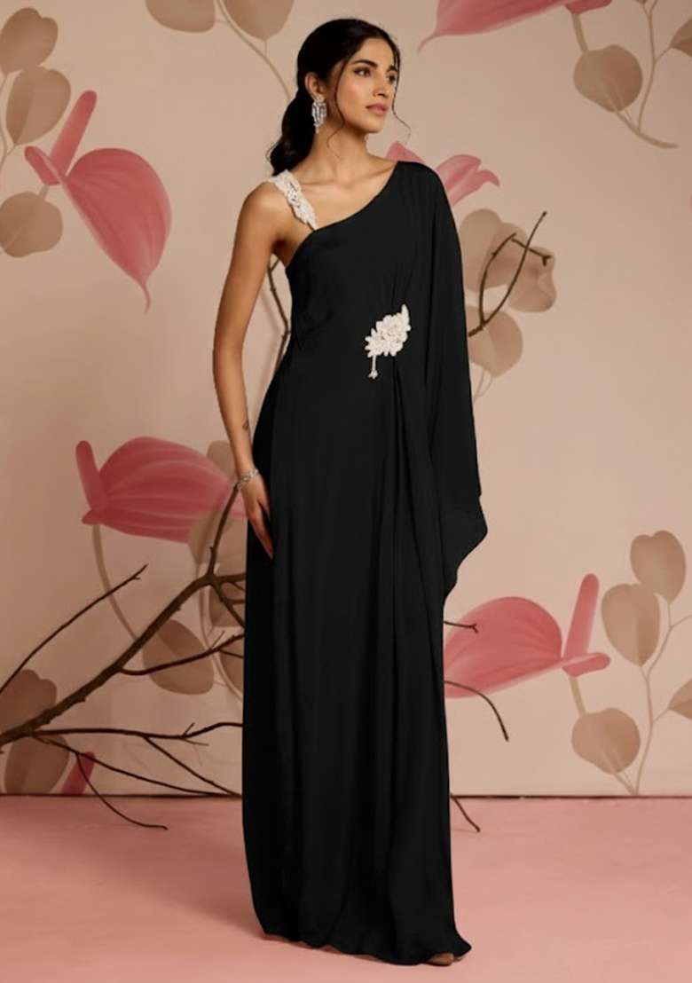 Black Hand Work Chinon Fusion Set for Diwali and Festive Wear - Indya
