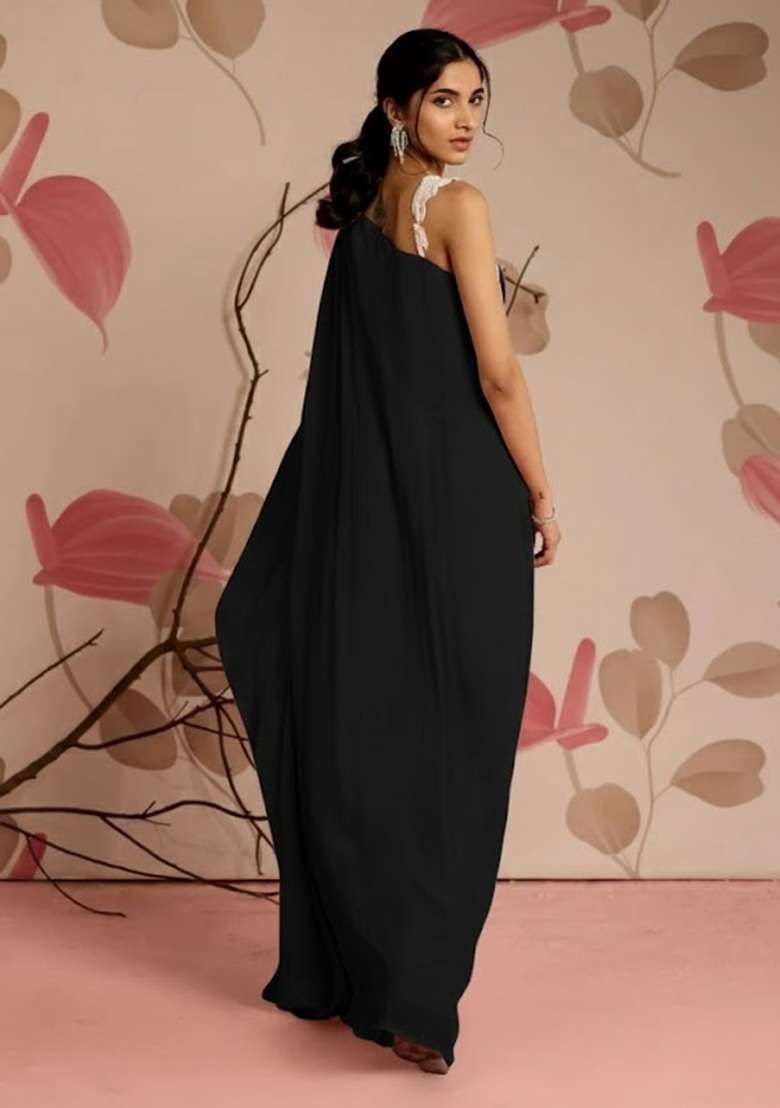 Black Hand Work Chinon Fusion Set for Diwali and Festive Wear - Indya