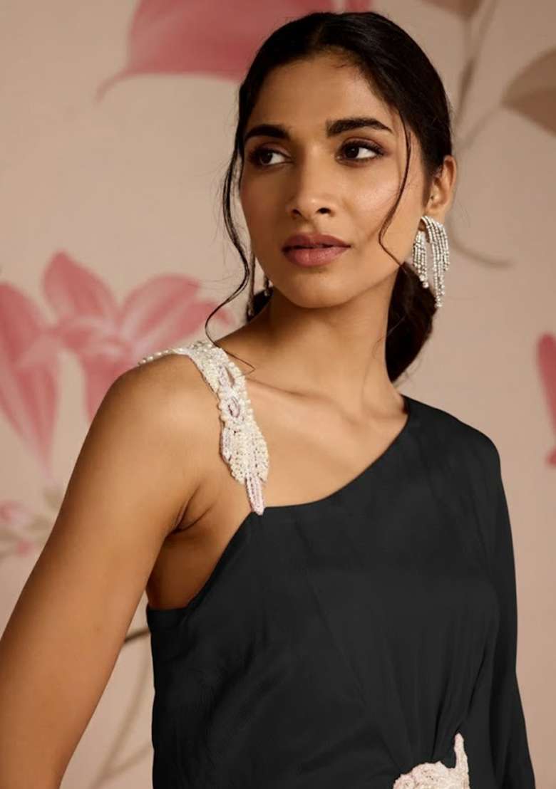 Black Hand Work Chinon Fusion Set for Diwali and Festive Wear - Indya