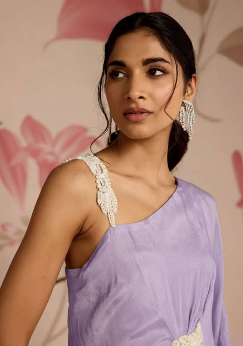 Lavender Hand Work Chinon Fusion Set for Diwali and Festive Wear - Indya