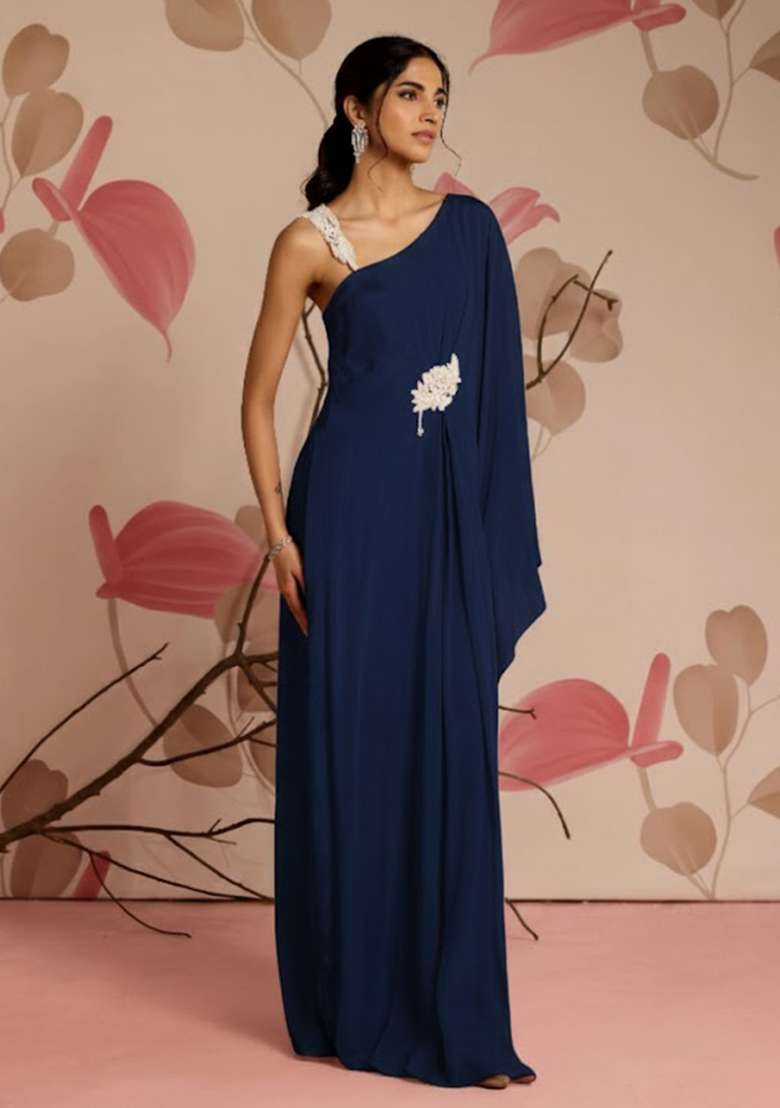 Navy Blue Chinon Fusion Set with Hand Work for Diwali | Wedding & Festive Wear - Indya