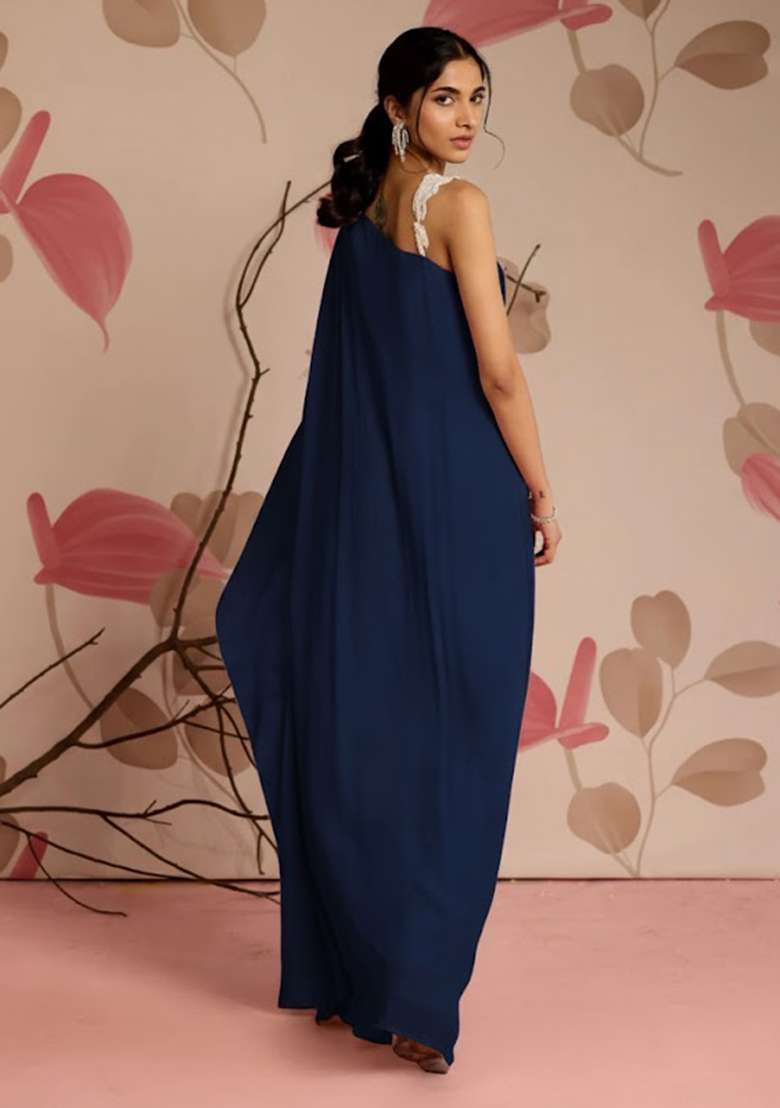 Navy Blue Chinon Fusion Set with Hand Work for Diwali | Wedding & Festive Wear - Indya