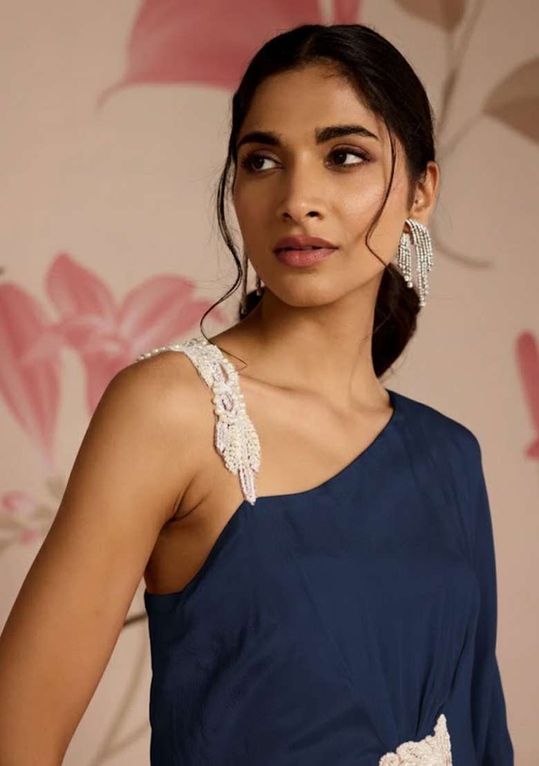 Navy Blue Chinon Fusion Set with Hand Work for Diwali | Wedding & Festive Wear - Indya