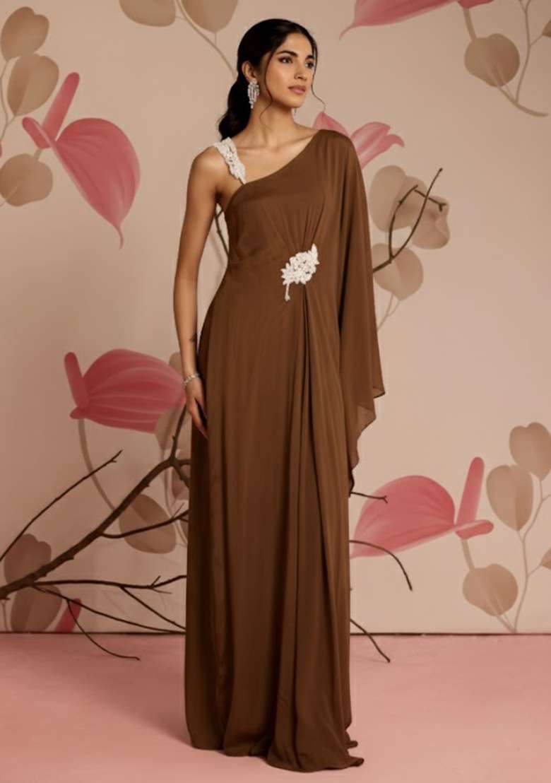 Brown Chinon Fusion Set with Hand Work for Diwali | Wedding & Festive Wear - Indya