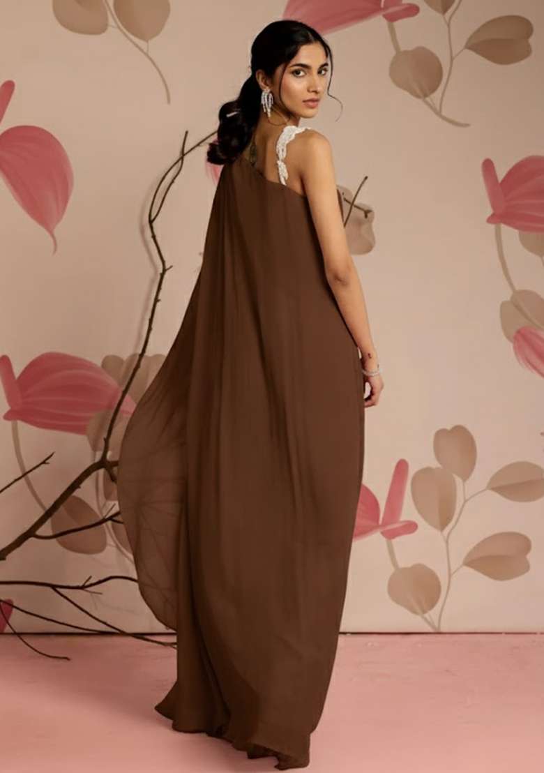 Brown Chinon Fusion Set with Hand Work for Diwali | Wedding & Festive Wear - Indya
