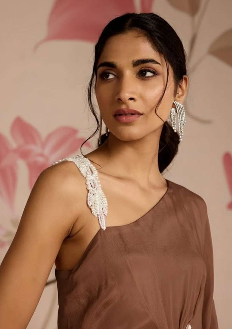 Brown Chinon Fusion Set with Hand Work for Diwali | Wedding & Festive Wear - Indya