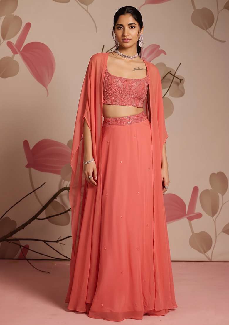 Coral Pink Hand Work Chinon Lehenga Set for Diwali and Festive Wear - Indya