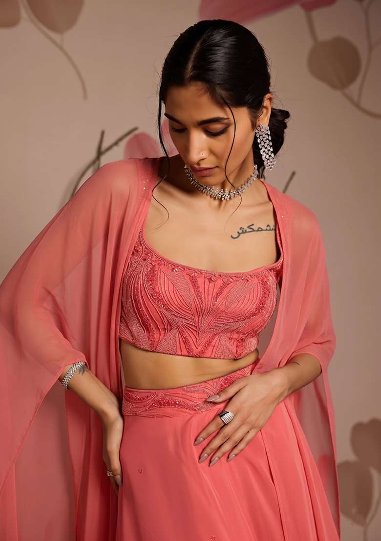 Coral Pink Hand Work Chinon Lehenga Set for Diwali and Festive Wear - Indya