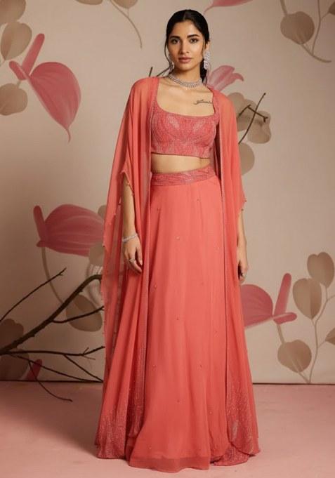 Coral Pink Hand Work Chinon Lehenga Set
