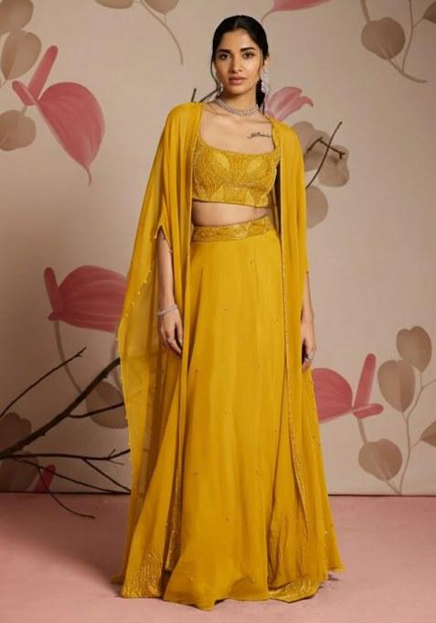 Bright Yellow Hand Work Chinon Lehenga Set