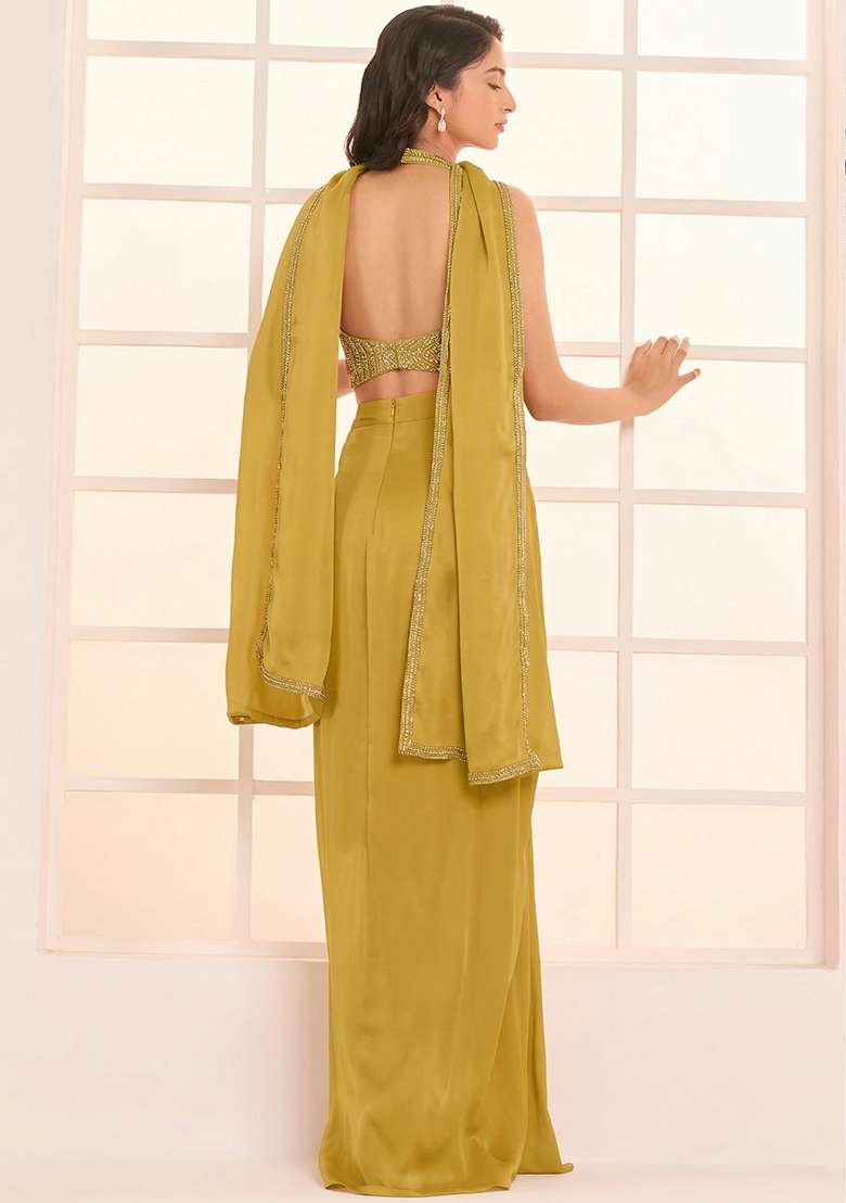 Olive Green Hand Work Satin Fusion Set - Indya