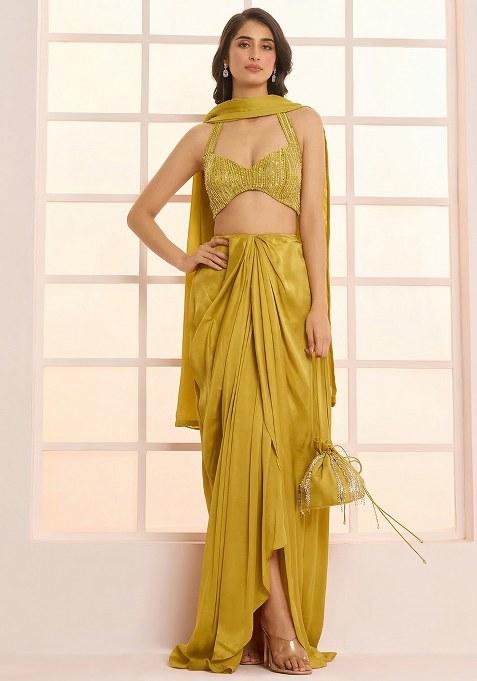 Olive Green Hand Work Satin Fusion Set