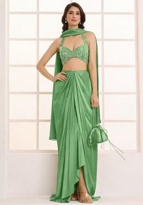 Leaf Green Hand Work Satin Fusion Set