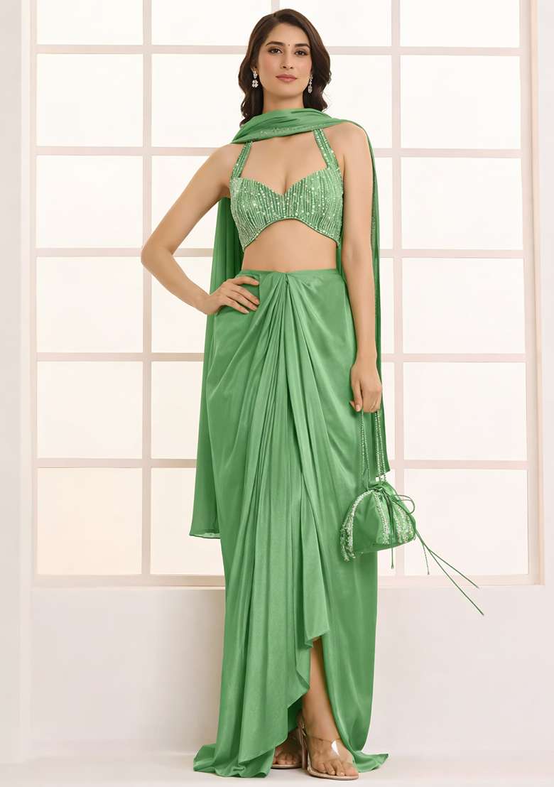 Leaf Green Hand Work Satin Fusion Set - Indya