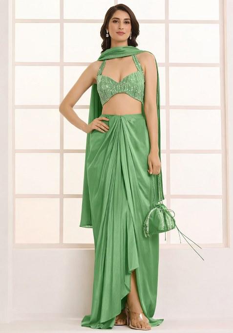 Leaf Green Hand Work Satin Fusion Set