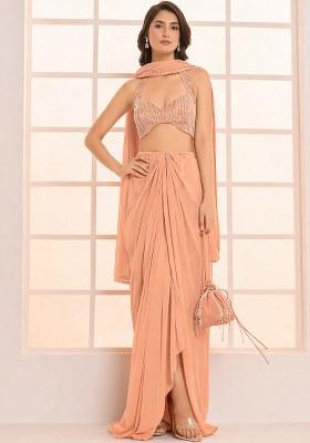 Peach Hand Work Satin Fusion Set