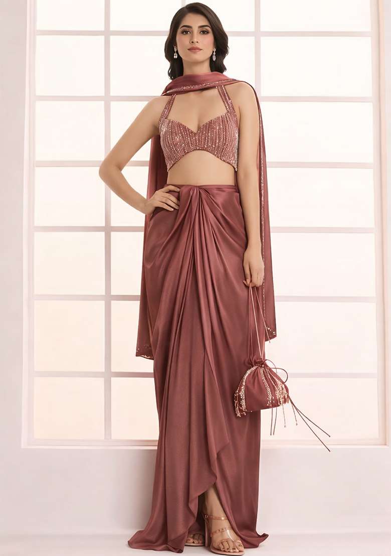 Brown Hand Work Satin Fusion Set - Indya