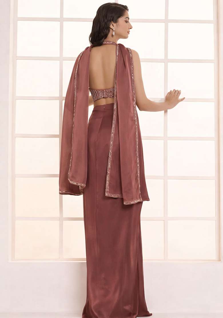 Brown Hand Work Satin Fusion Set - Indya