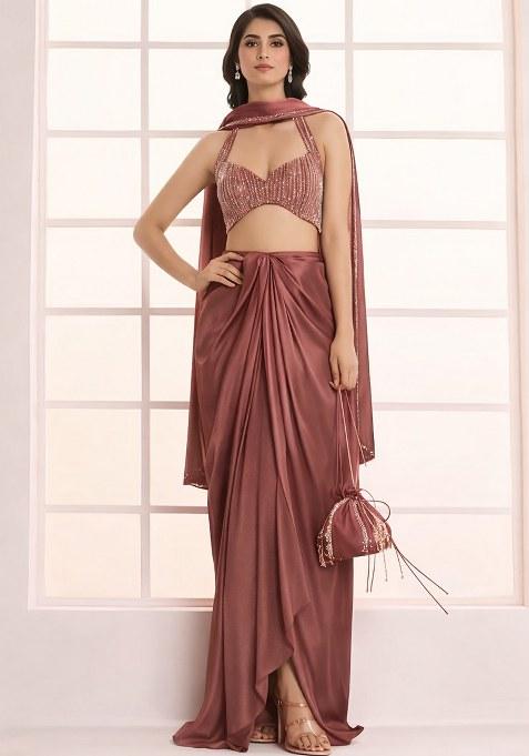 Brown Hand Work Satin Fusion Set