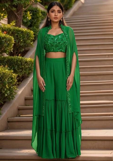 Light Green Hand Work Embellished Georgette Fusion Set
