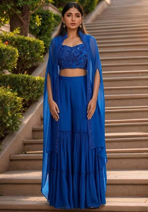 Deep Blue Hand Work Embellished Georgette Fusion Set