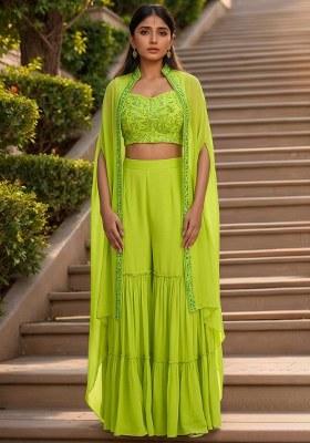 Bright Pink Hand Work Embellished Georgette Fusion Set