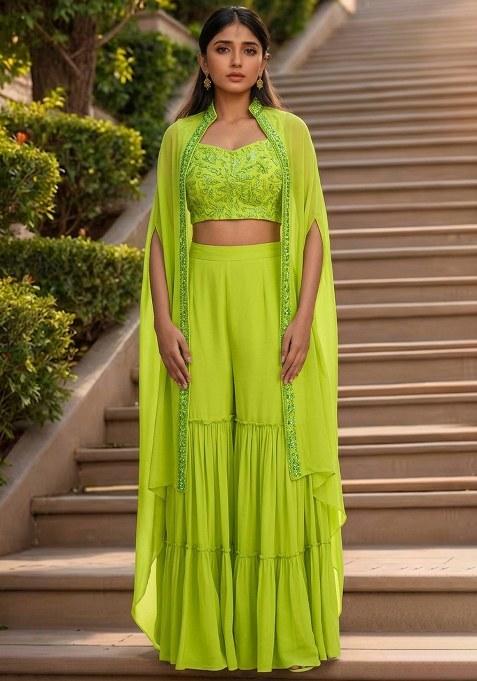 Bright Pink Hand Work Embellished Georgette Fusion Set