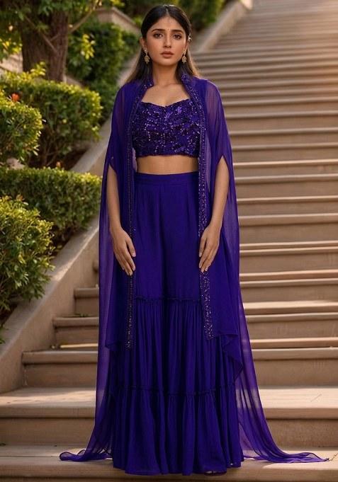 Royal Purple Hand Work Embellished Georgette Fusion Set