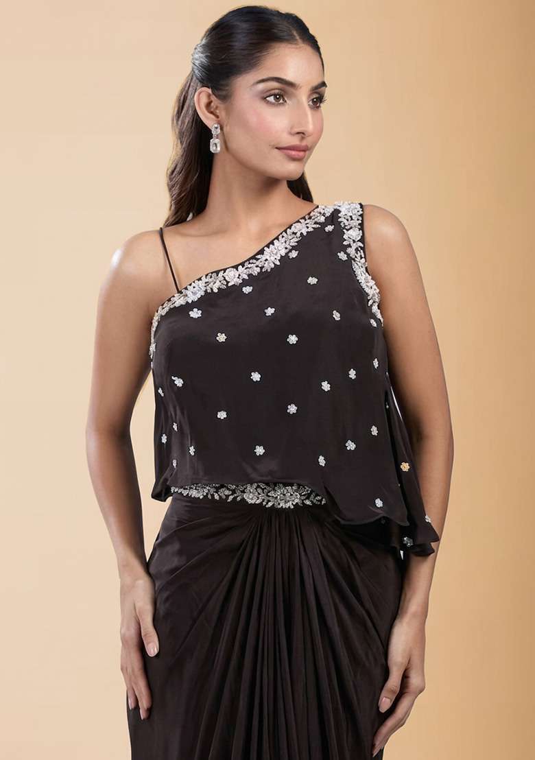 Black Hand Work Embellished Satin Fusion Set - Indya
