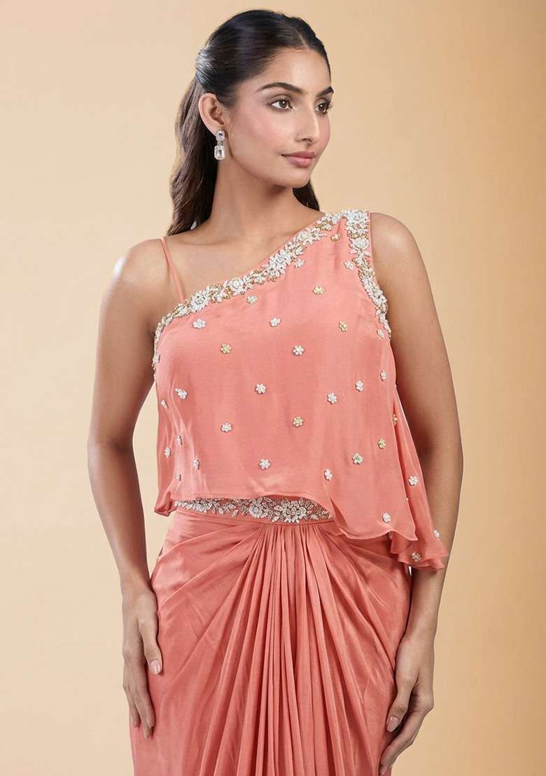 Soft Pink Hand Work Embellished Satin Fusion Set - Indya