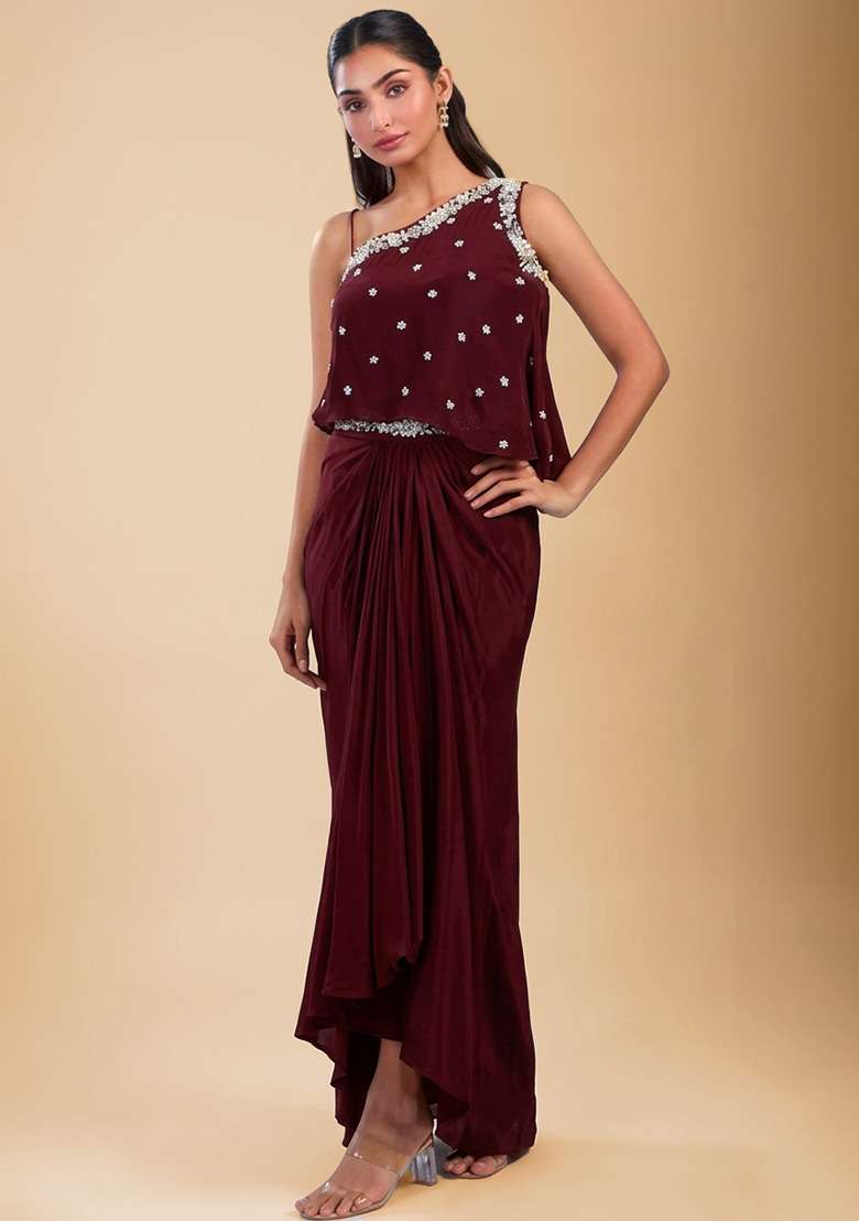 Wine Red Hand Work Embellished Satin Fusion Set - Indya