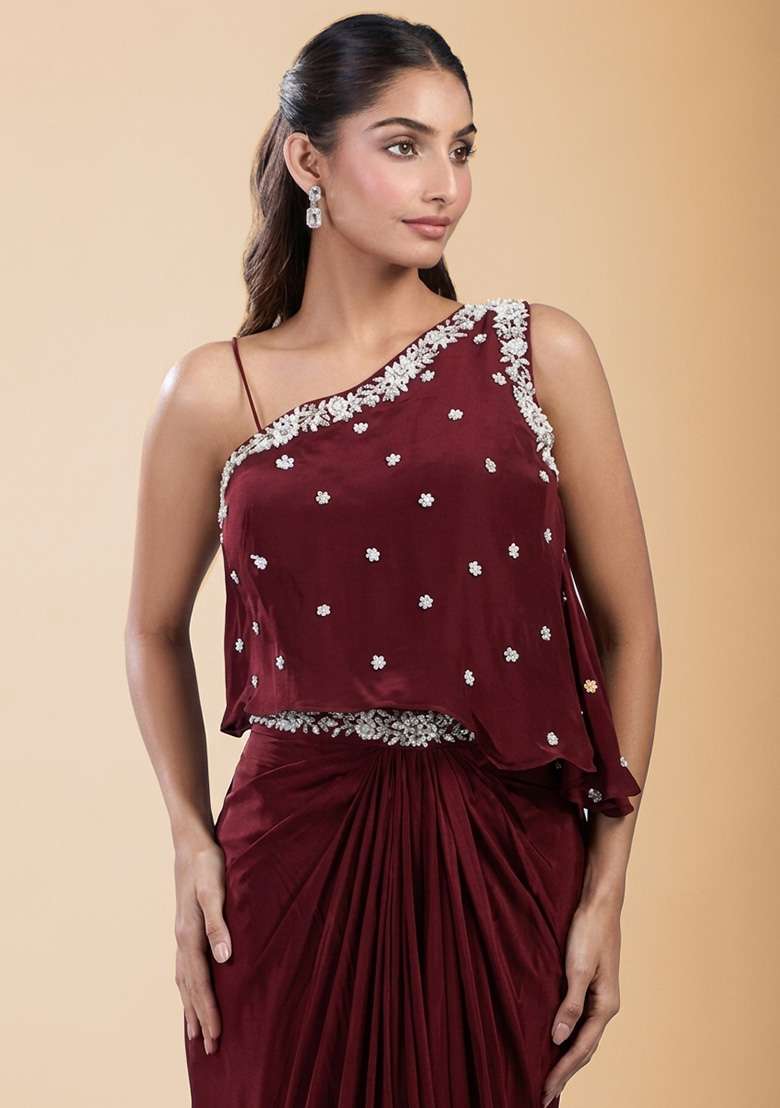 Wine Red Hand Work Embellished Satin Fusion Set - Indya