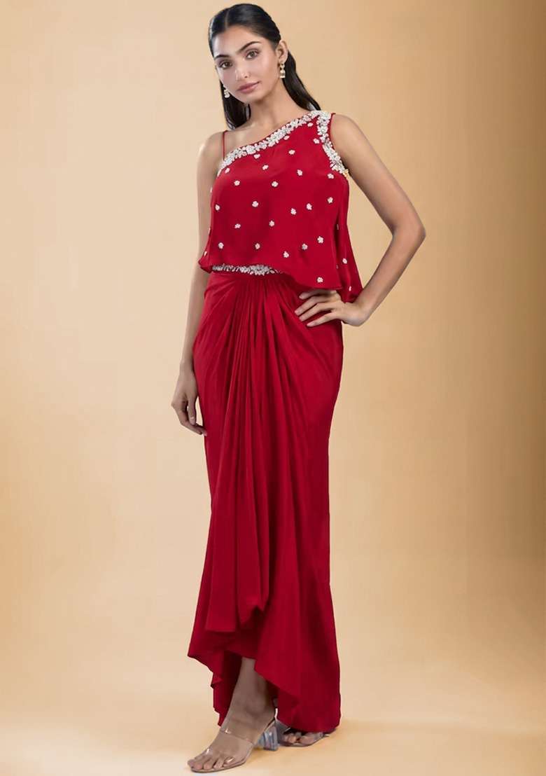 Red Hand Work Embellished Satin Fusion Set - Indya