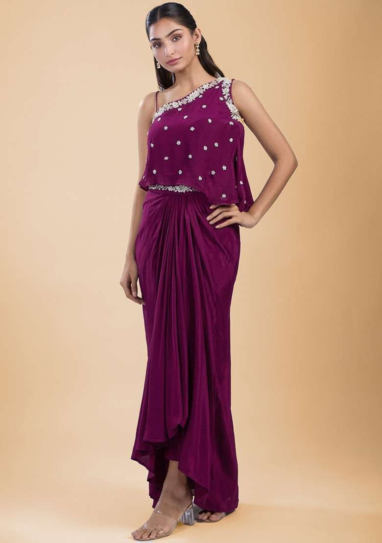 Megenta Hand Work Embellished Satin Fusion Set - Indya