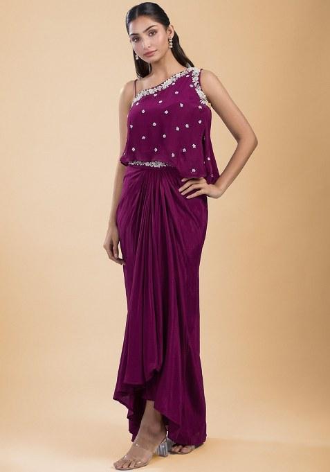 Megenta Hand Work Embellished Satin Fusion Set