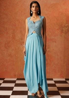 Ice Blue Hand Work Sequin Crepe Fusion Set