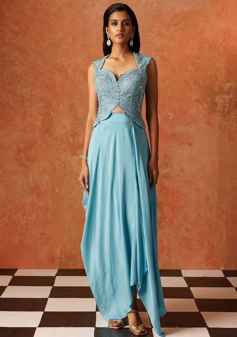 Ice Blue Hand Work Sequin Crepe Fusion Set - Indya