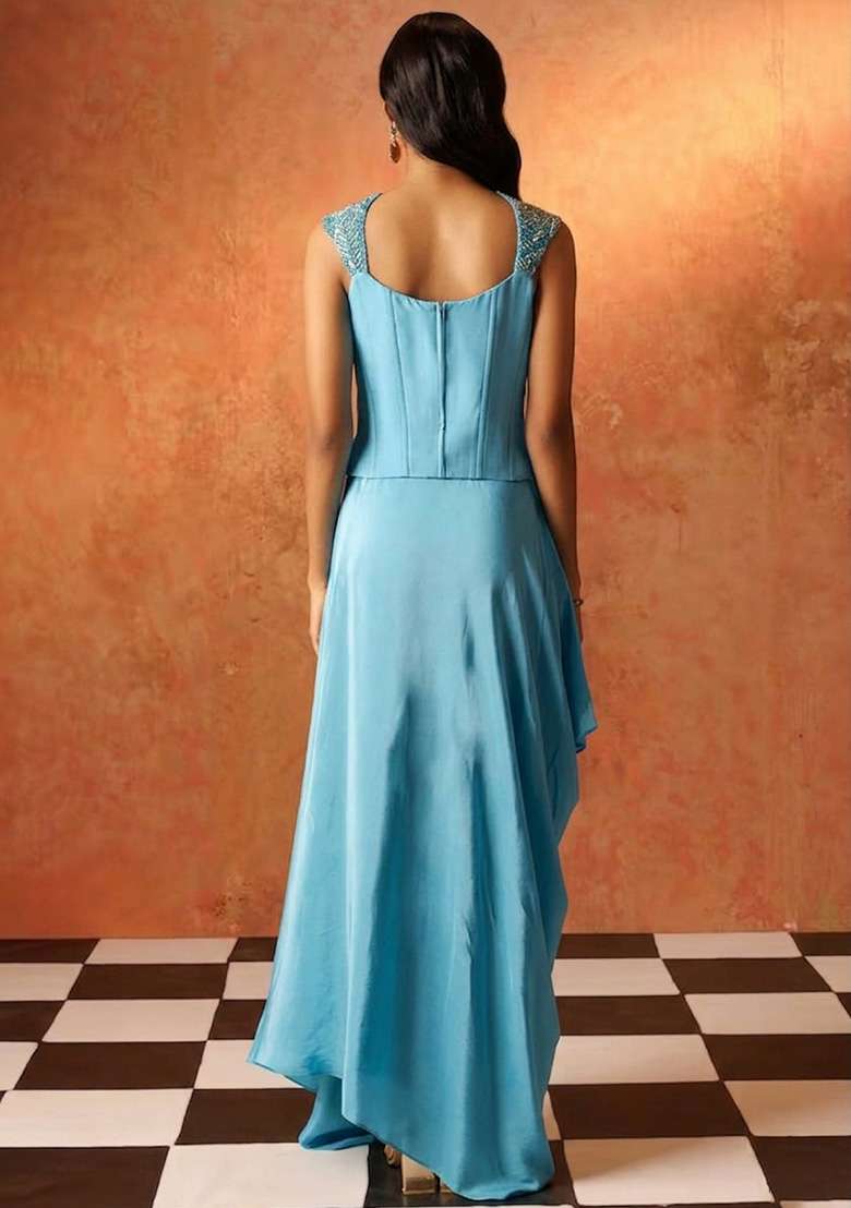 Ice Blue Hand Work Sequin Crepe Fusion Set - Indya