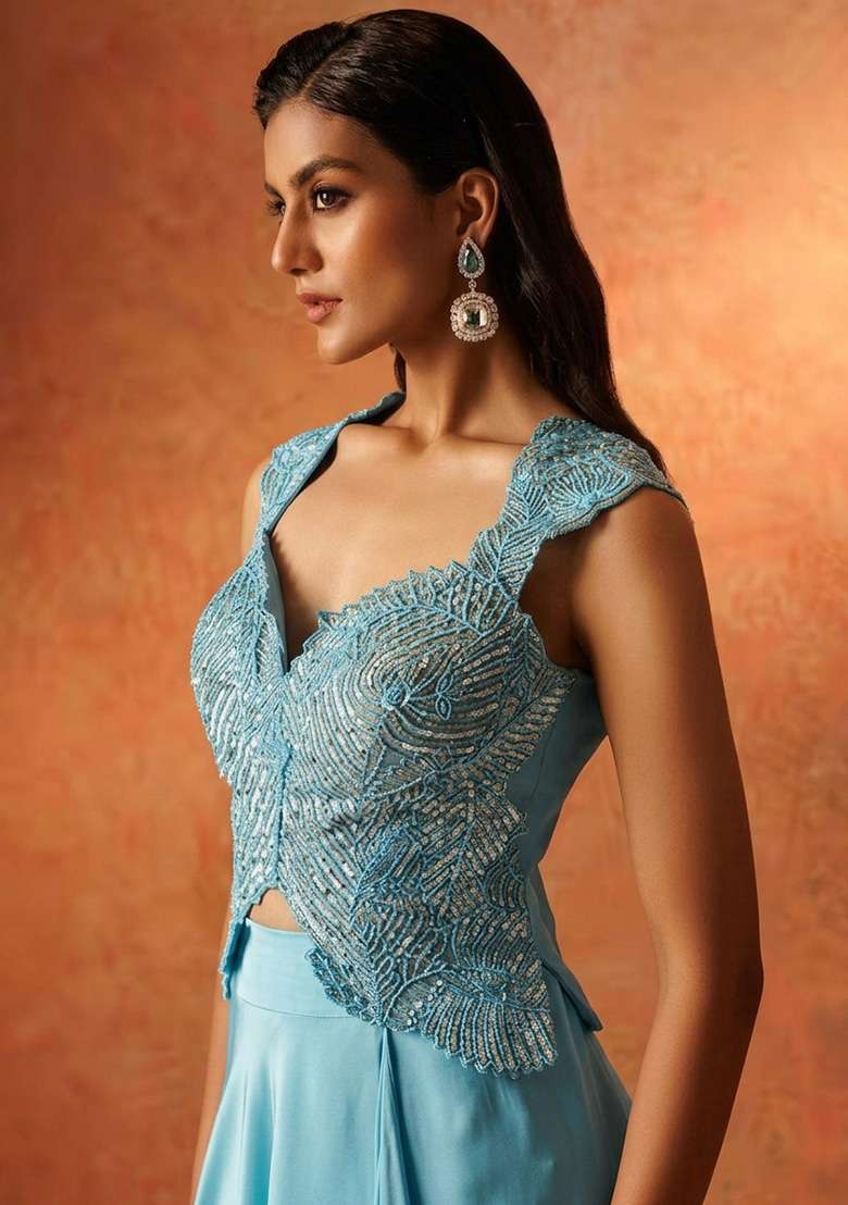 Ice Blue Hand Work Sequin Crepe Fusion Set - Indya