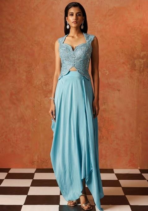 Ice Blue Hand Work Sequin Crepe Fusion Set