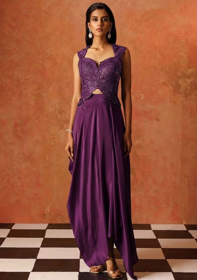 Violet Hand Work Sequin Crepe Fusion Set - Indya