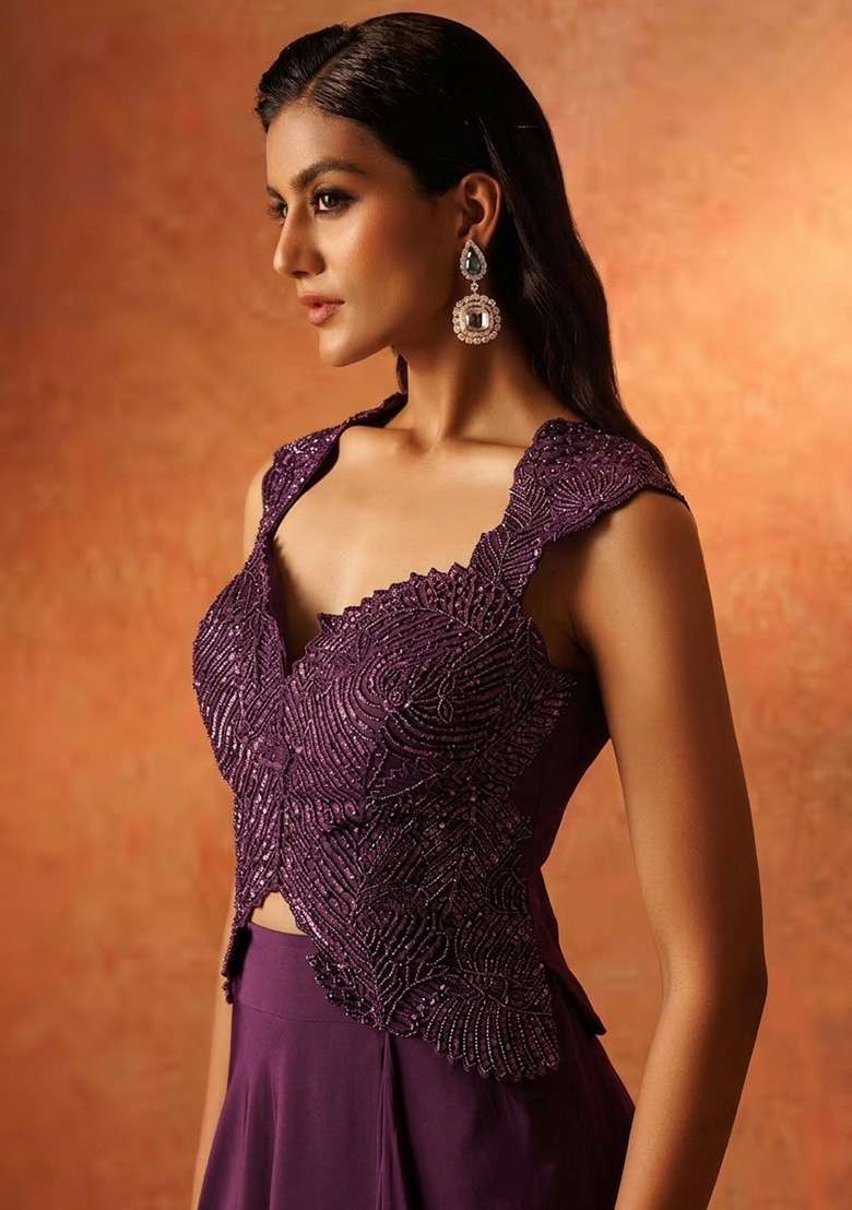 Violet Hand Work Sequin Crepe Fusion Set - Indya