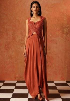 Deep Red Hand Work Sequin Crepe Fusion Set