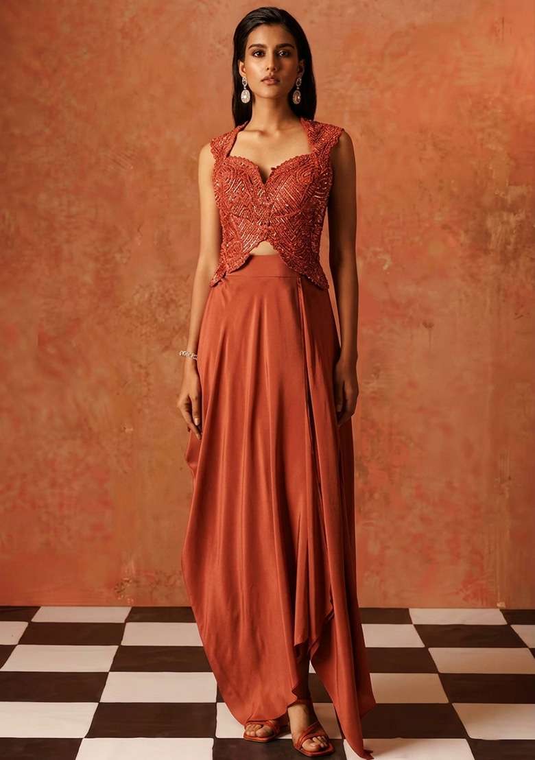 Deep Red Hand Work Sequin Crepe Fusion Set - Indya