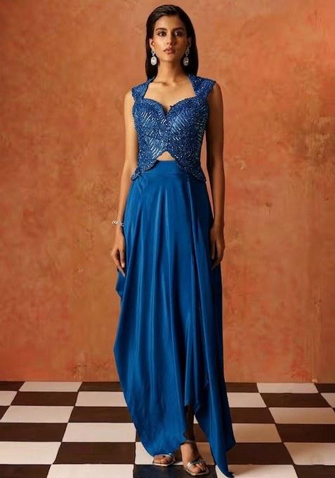 Deep Blue Hand Work Sequin Crepe Fusion Set