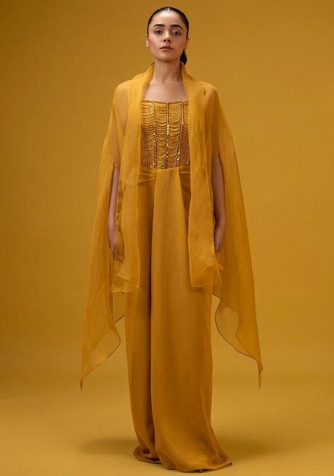 Soft Yellow Hand Work Embellished Crepe Fusion Set