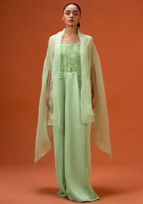 Lime Green Hand Work Embellished Crepe Fusion Set