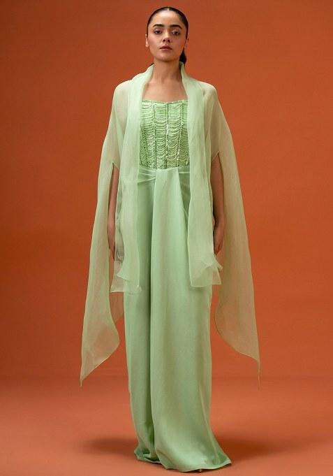 Lime Green Hand Work Embellished Crepe Fusion Set