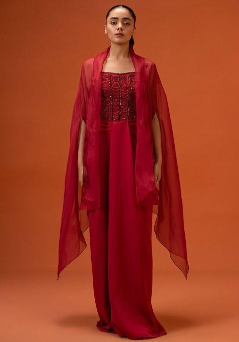 Bright Pink Hand Work Embellished Crepe Fusion Set